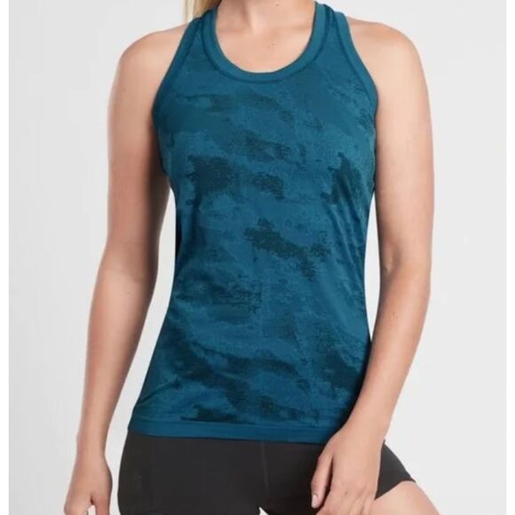 ~ Athleta Sm Momentum Seamless Tank Racerback Surf Deep Teal Relaxed Camo Crew W - Picture 11 of 11